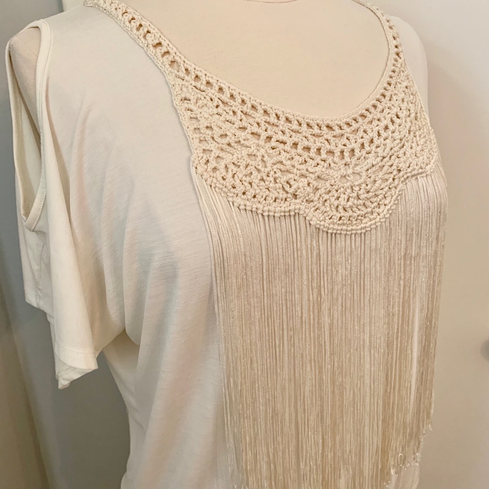 Women’s Small Fringe Blouse Cream Cowgirl Western Chic Festival tassels top - Picture 6 of 11